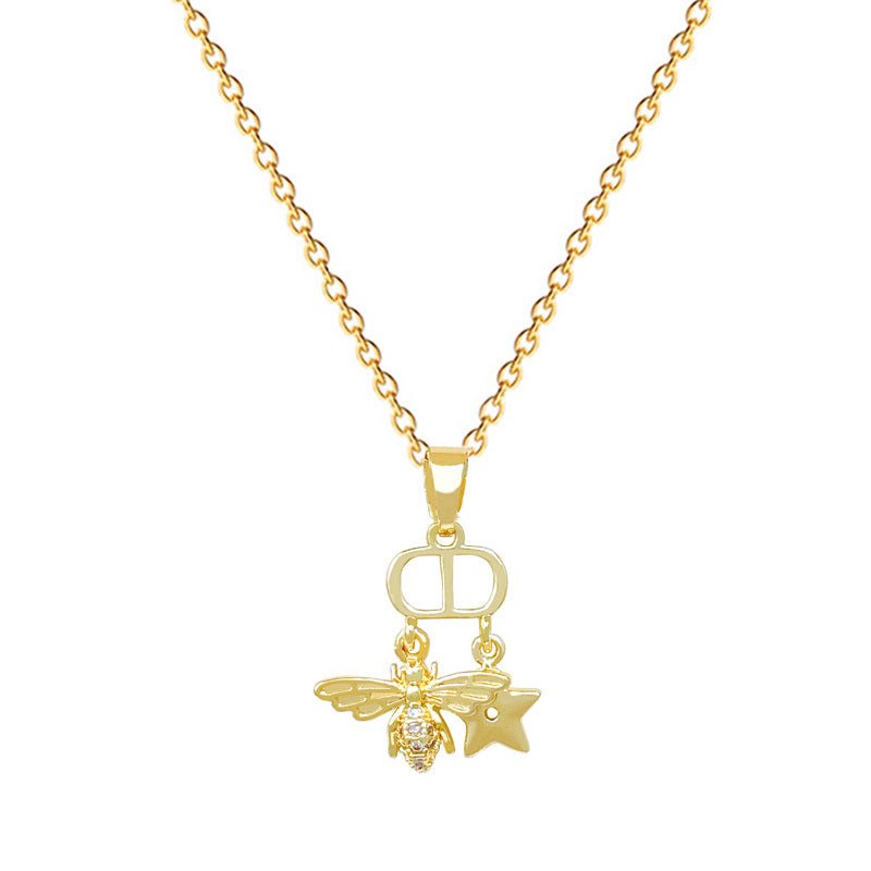 Sweet Minimalist Star Bee Rhinestone Pendant Titanium Steel Necklace for Unisex