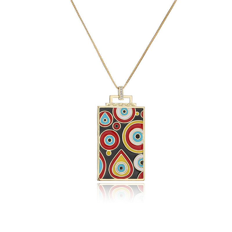 Vintage Square Geometric Drip Oil Inlay Brass Pendant Box Chain Necklace