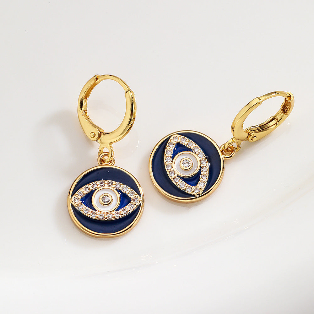 Orecchini da donna in rame in stile bohémien con placcatura in oro 18 carati e design a occhio di Allah geometrico smaltato in zirconia