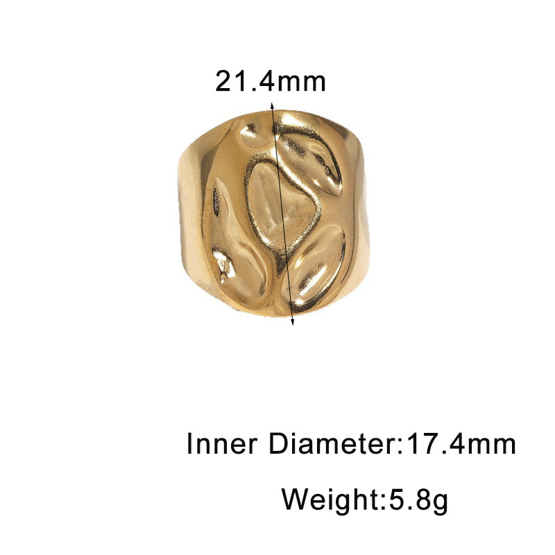 Punk Streetwear Gold Plated Hammered Textured Adjustable Wide Band Stainless Steel Ring for Women