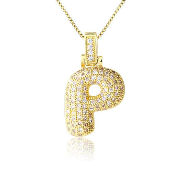 14K Gold Plated Brass Letter Pendant Necklace with Cubic Zirconia Inlay Box Chain for Women