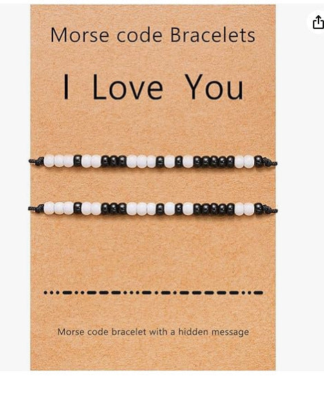 Minimalist Geometric Acrylic Beaded Bracelet Set with Morse Code I Love You Design for Couples