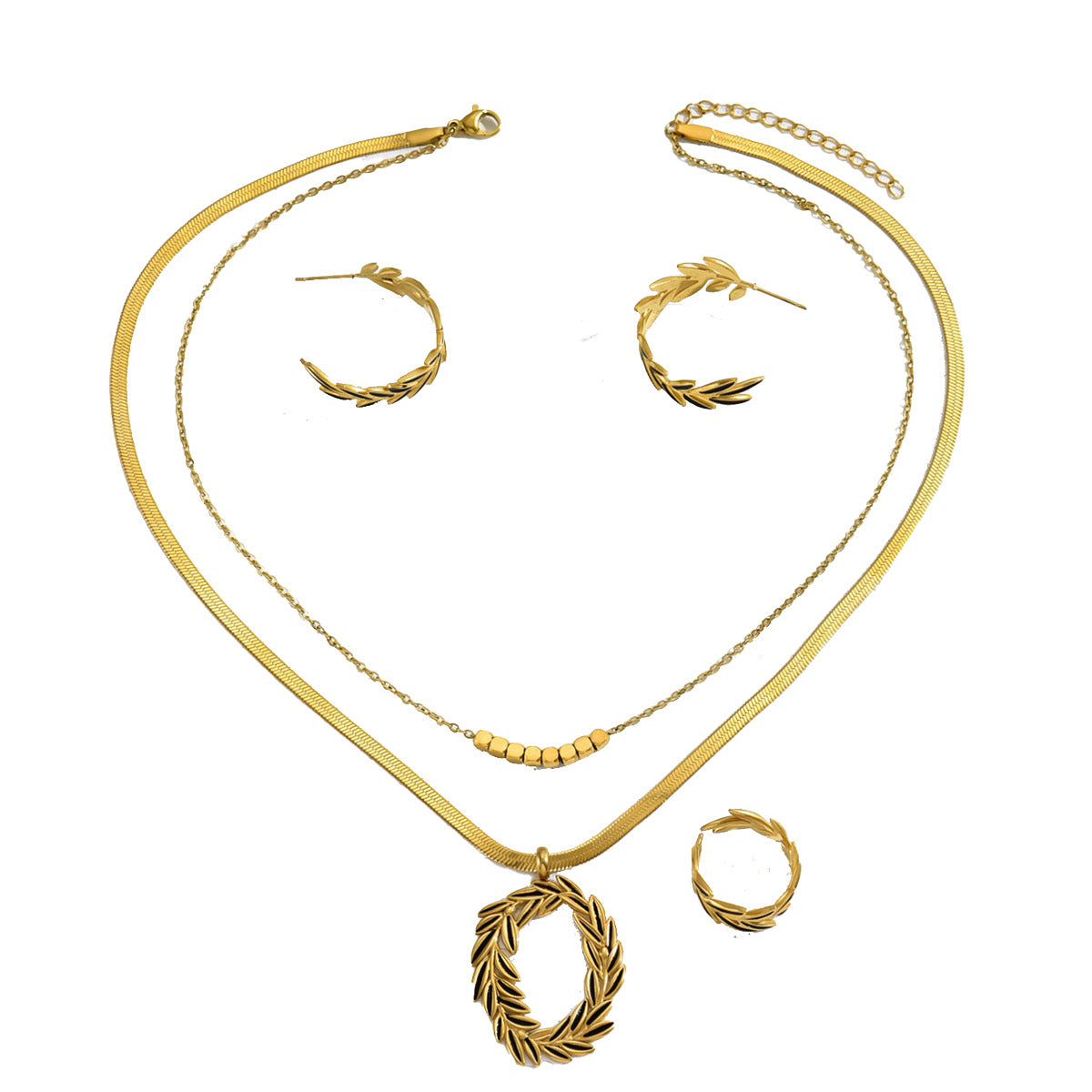 Minimalist Leaf Design Copper Necklace Set with Earrings and Bracelet, Enamel Finish