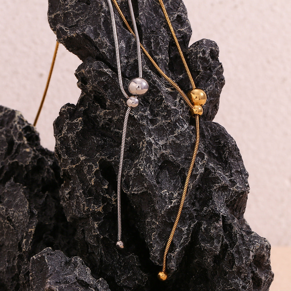 Fashion Minimalist Y-Shape Snake Chain Necklace with Bead Stainless Steel 18K Gold Plated