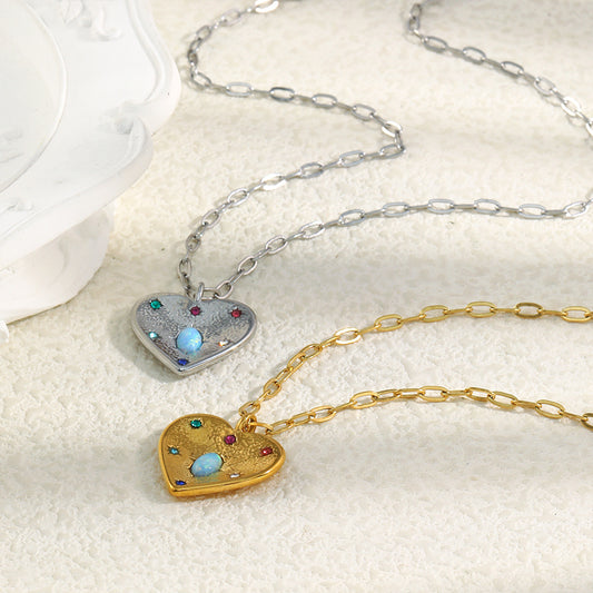 Vintage Old Money Style Geometric Heart Pendant Necklace in Stainless Steel with 18K Gold Plating and Colorful Rhinestone and Opal Inlay