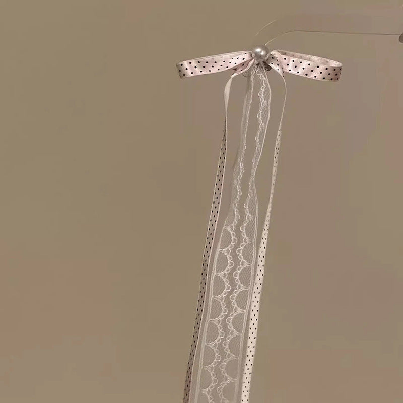 Elegante fermaglio per capelli da donna con fiocco e perle, design a pois in pizzo, molletta a becco d'anatra minimalista in tessuto e perle simulate