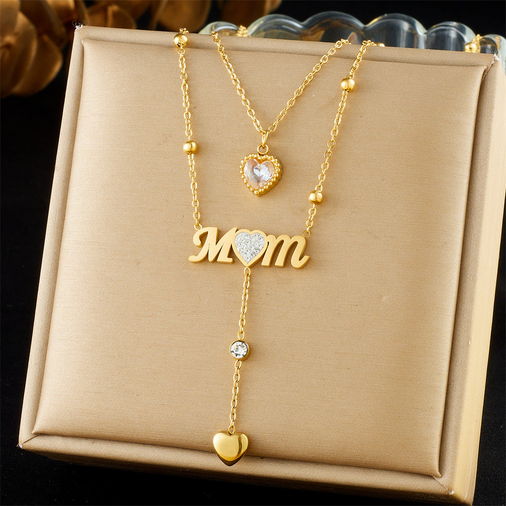 Minimalist Elegant Heart Letter Rhinestone Inlay Plated Stainless Steel Multi-Layer Necklace for Women