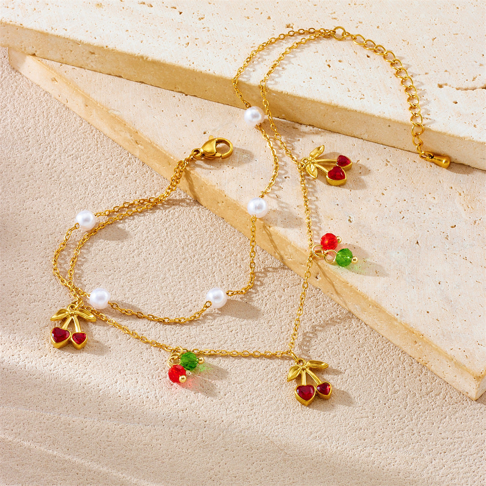 Sweet Stainless Steel Cherry Pendant Double Layer Anklet for Women