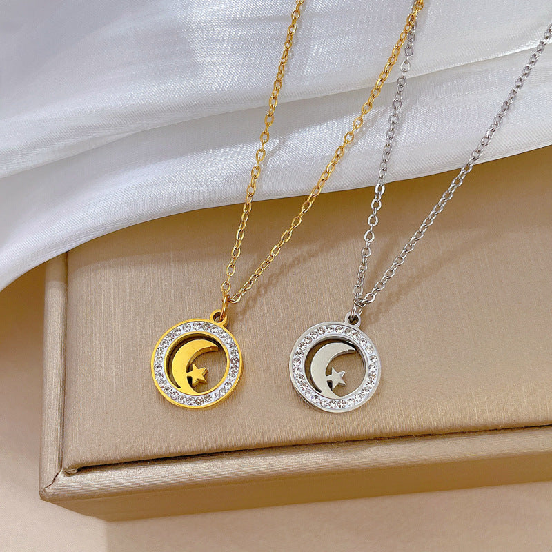 Minimalist Geometric Star and Moon Pendant Necklace in Titanium Steel with Gold Plating for Women and Men