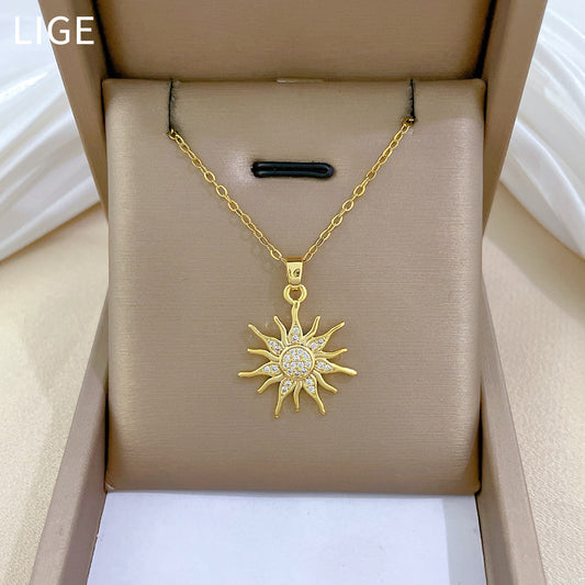Minimalist Sunflower Pendant Necklace for Women Stainless Steel Geometric Locket Chain with Rhinestone Inlay