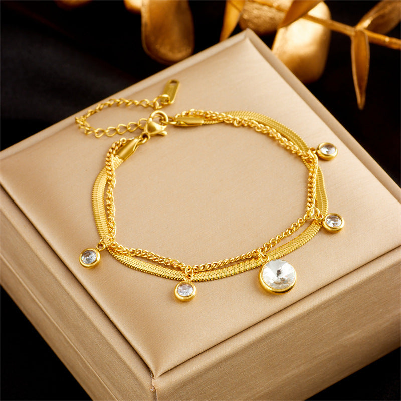 Minimalist Fashionable Stainless Steel Electroplated Round Pendant Bracelet with Rhinestone Accents Butterfly and Eye Motifs for Women