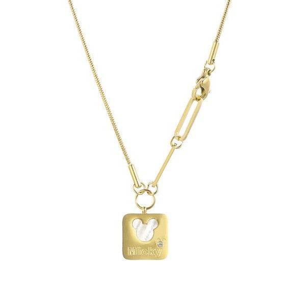 Minimalist Square Shell Mickey Mouse Titanium Steel Snake Chain Clavicle Necklace with Plating Finish