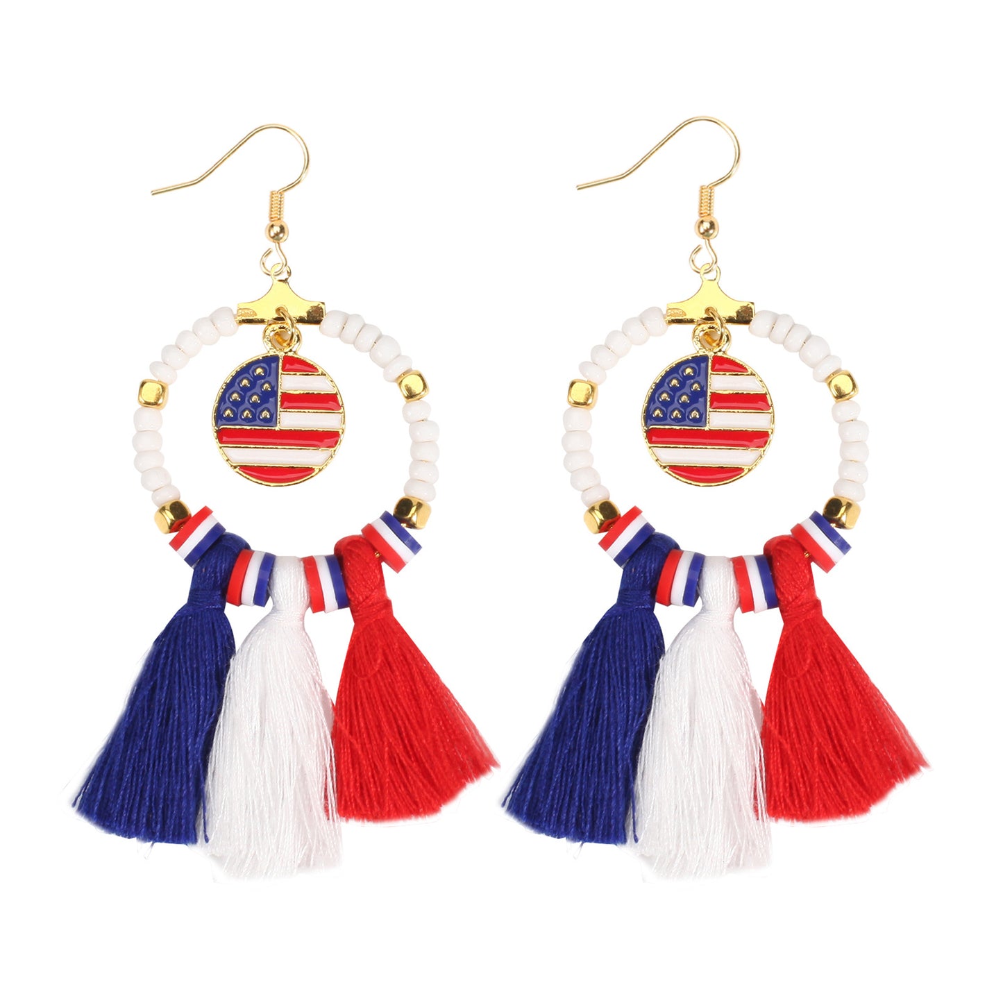 Patriotic Round Star Heart Rhinestone Plated Brass Earrings for Women