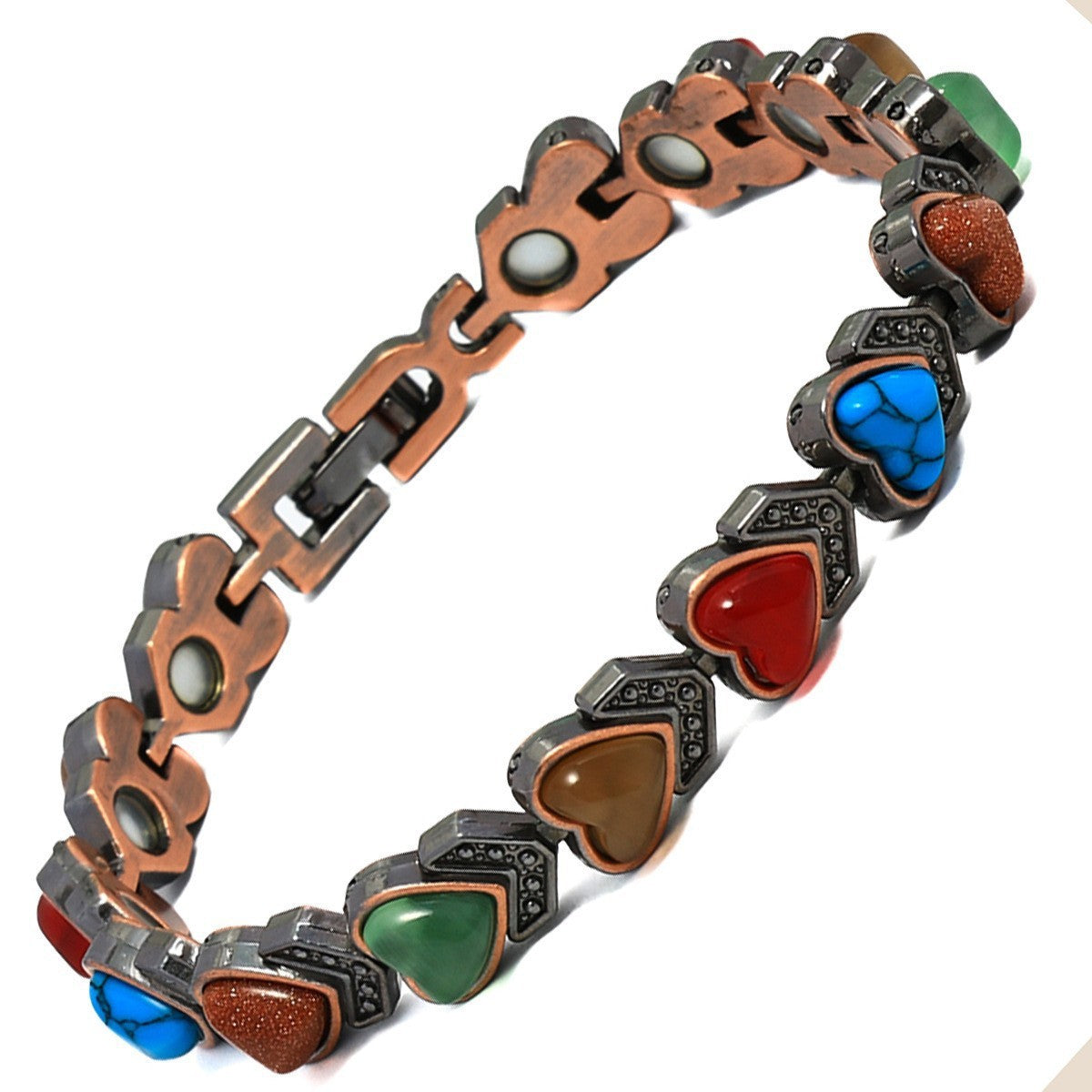 Vintage Brushed Zinc Alloy Heart Geometric Turquoise Magnetic Bracelet Unisex