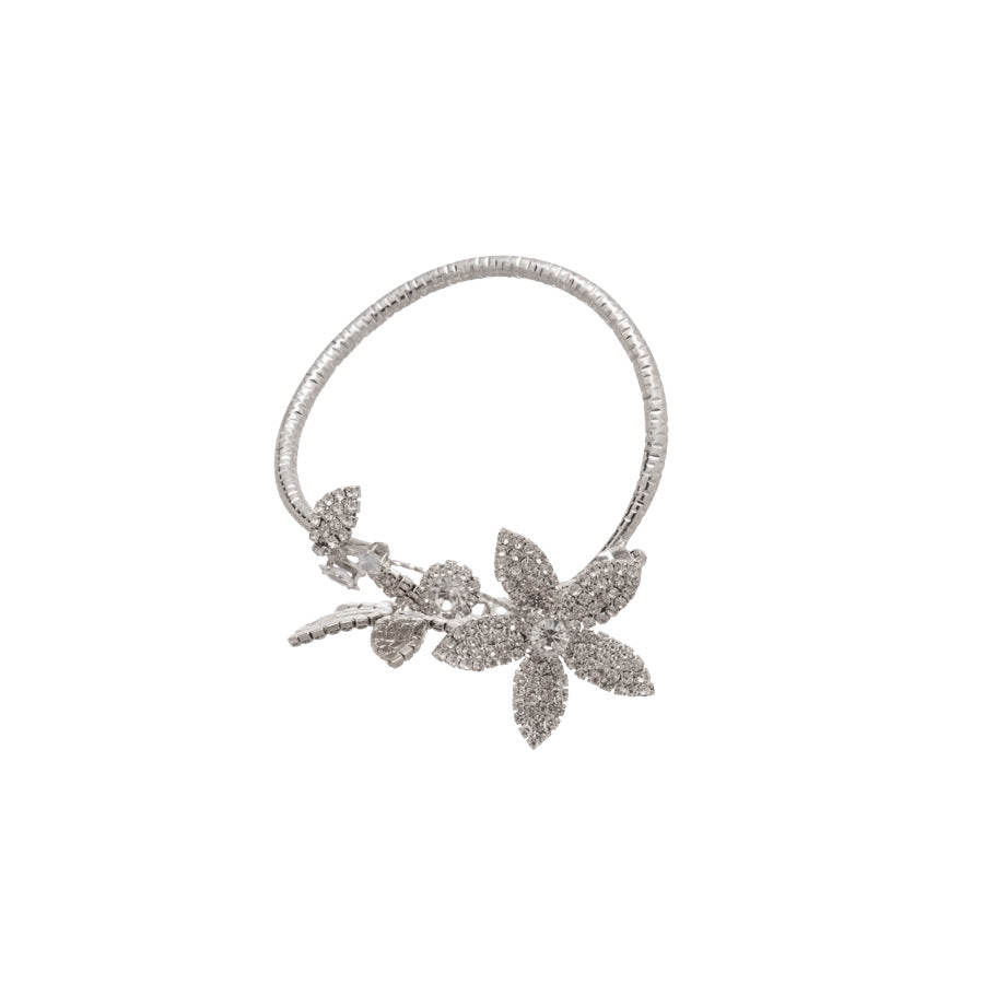 Elegante bracciale rigido aperto floreale con intarsio in strass in rame da donna, accessorio di moda minimalista di lusso