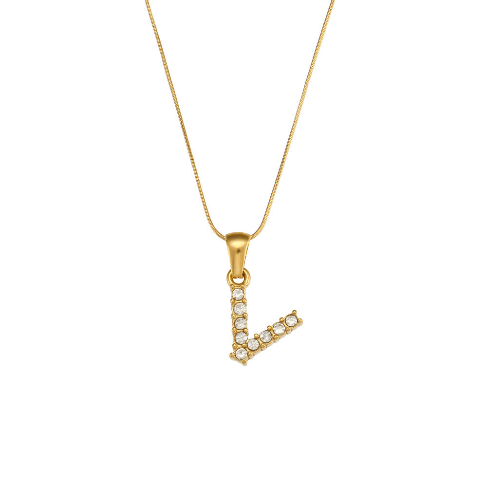 Fashion Minimalist Letter Pendant Necklace in Stainless Steel with 18K Gold Plating and Cubic Zirconia on Thin Snake Chain for Women