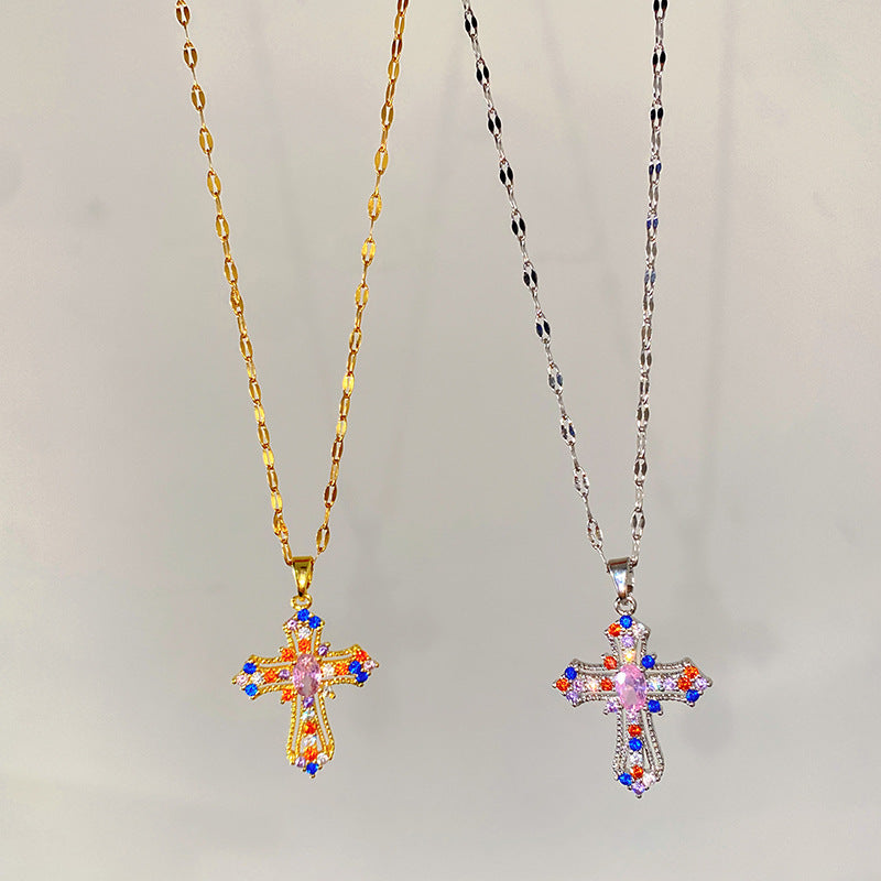 Minimalist Colorful Rhinestone Cross Titanium Steel Necklace for Unisex