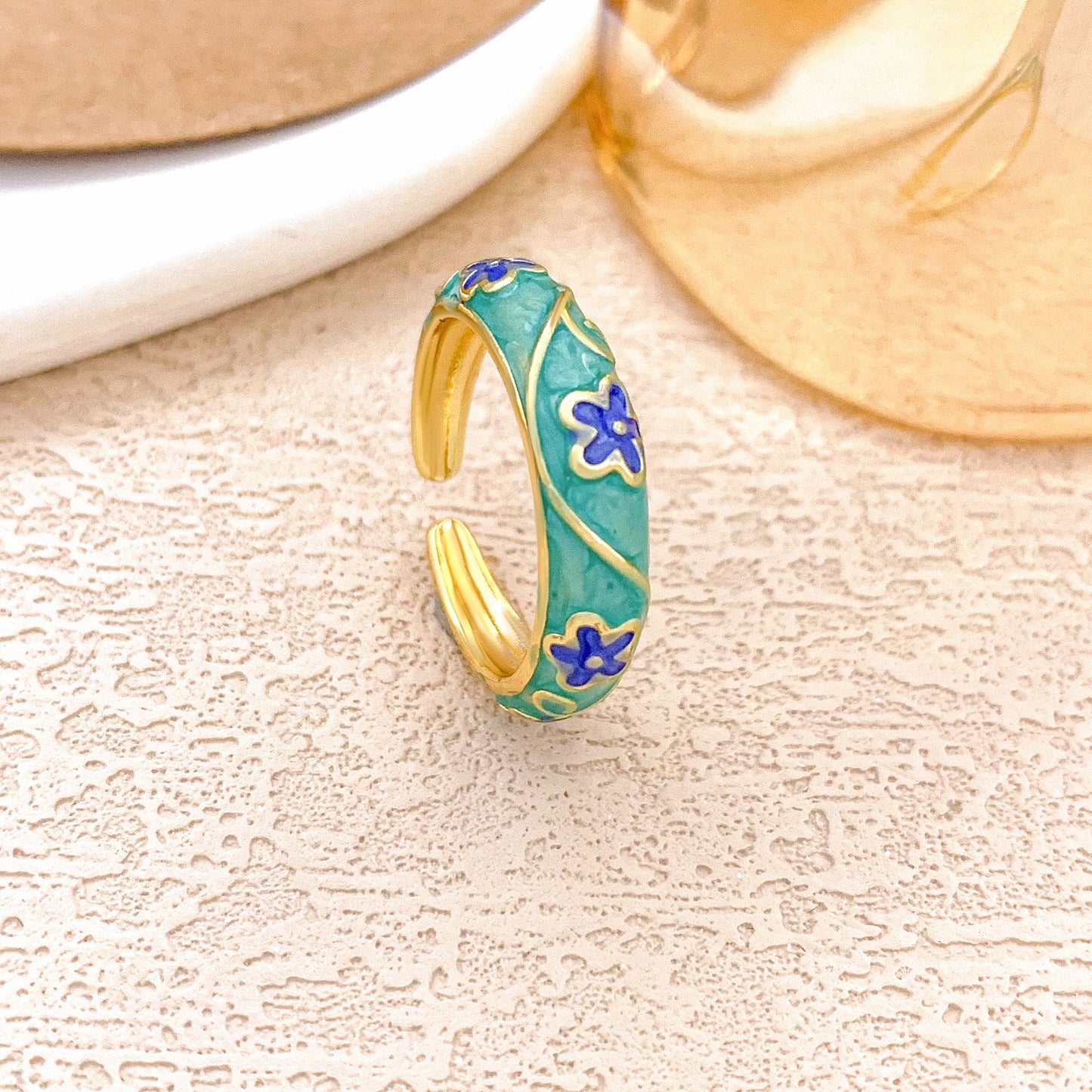 Sweet Floral Enamel Plated Alloy Ring for Women