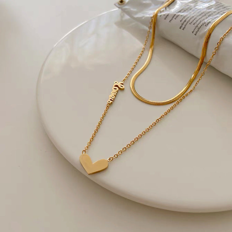 Minimalist Heart-Shaped Titanium Steel Plated Necklace for Women with Snake Chain Double Layer Locket Style