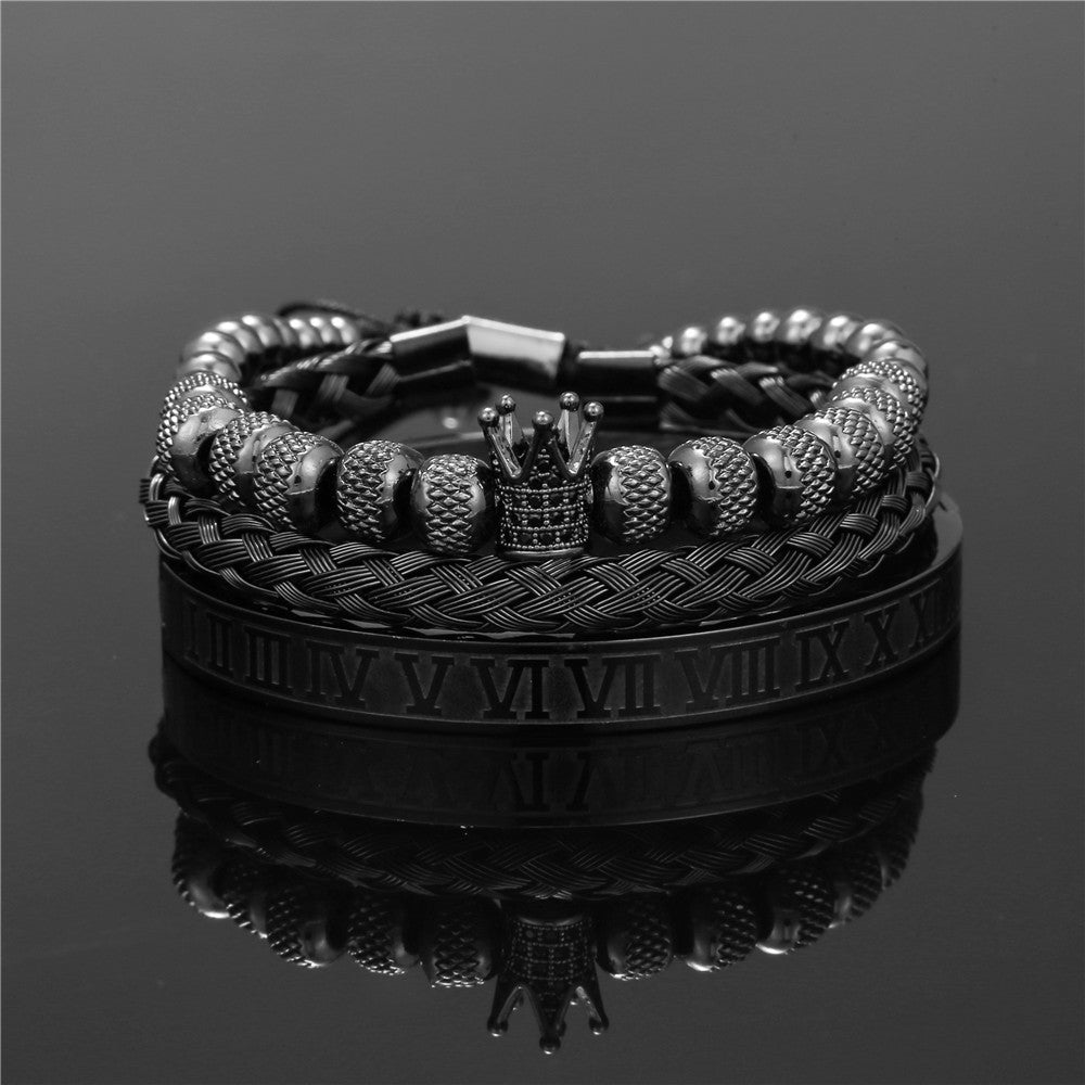 Geometric Roman Letter Crown Woven Titanium Steel C-Shape Open Bangle Bracelet Set for Women