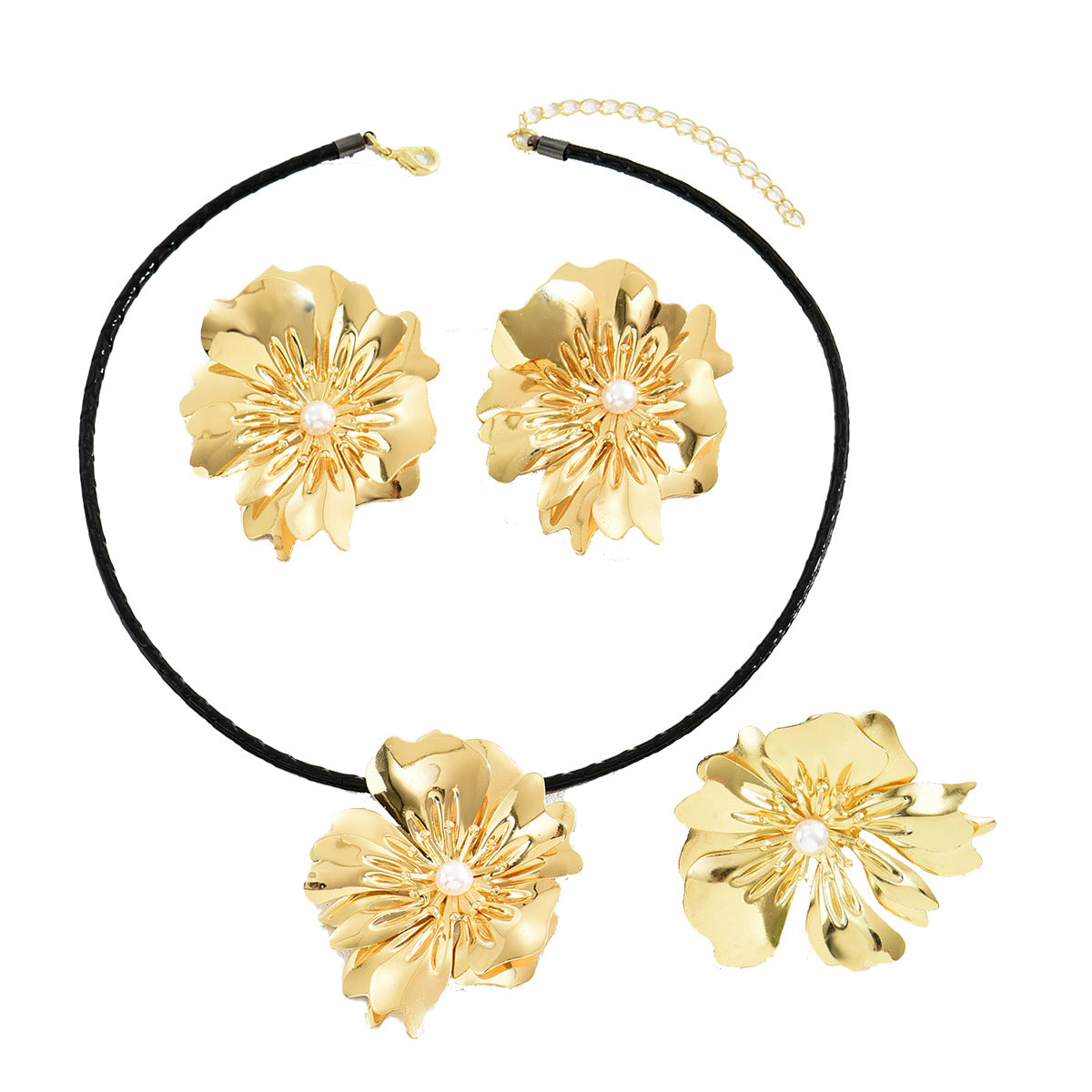 Parure Vintage Francese di Collana e Orecchini in Lega Floreale con Intarsio di Perle da Donna