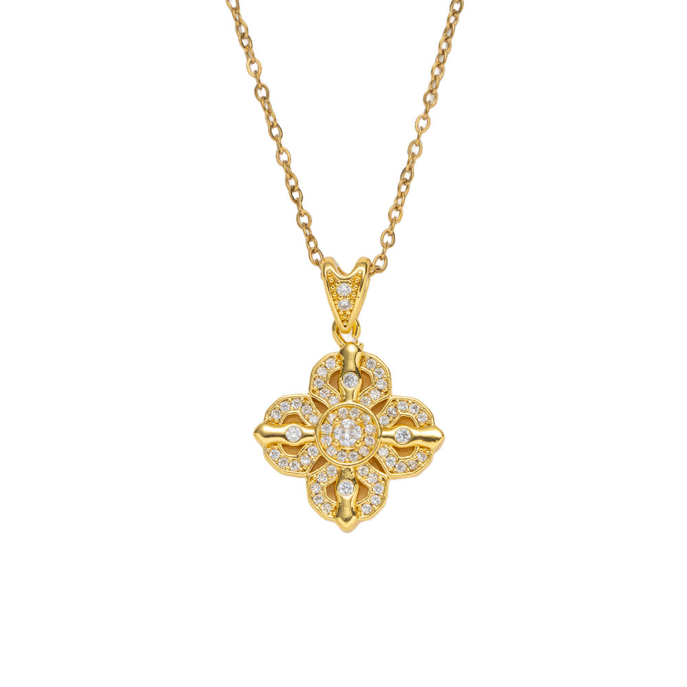 Luxury Minimalist Rhombus Cross Pendant Necklace for Women in Titanium Steel with Gold Plating and Zircon Inlay