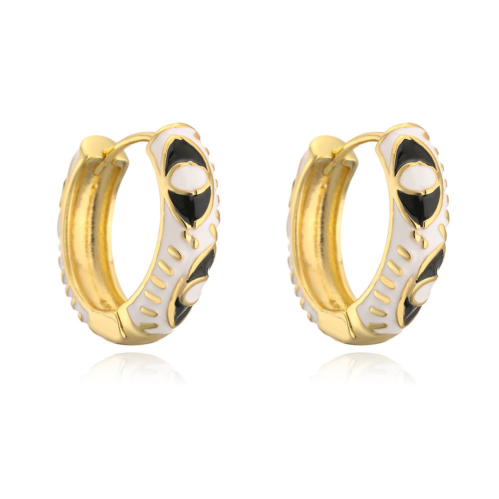 Bohemian Style Geometric Copper Hoop Earrings with 18K Gold Plating and Enamel Eye Detail for Women
