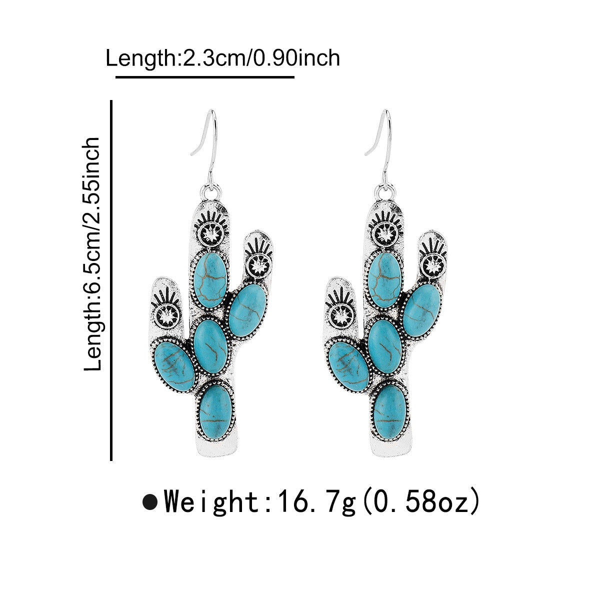 Pendientes étnicos vintage de aleación con diseño de cactus tallado y acabado envejecido, incrustaciones de turquesa para mujer