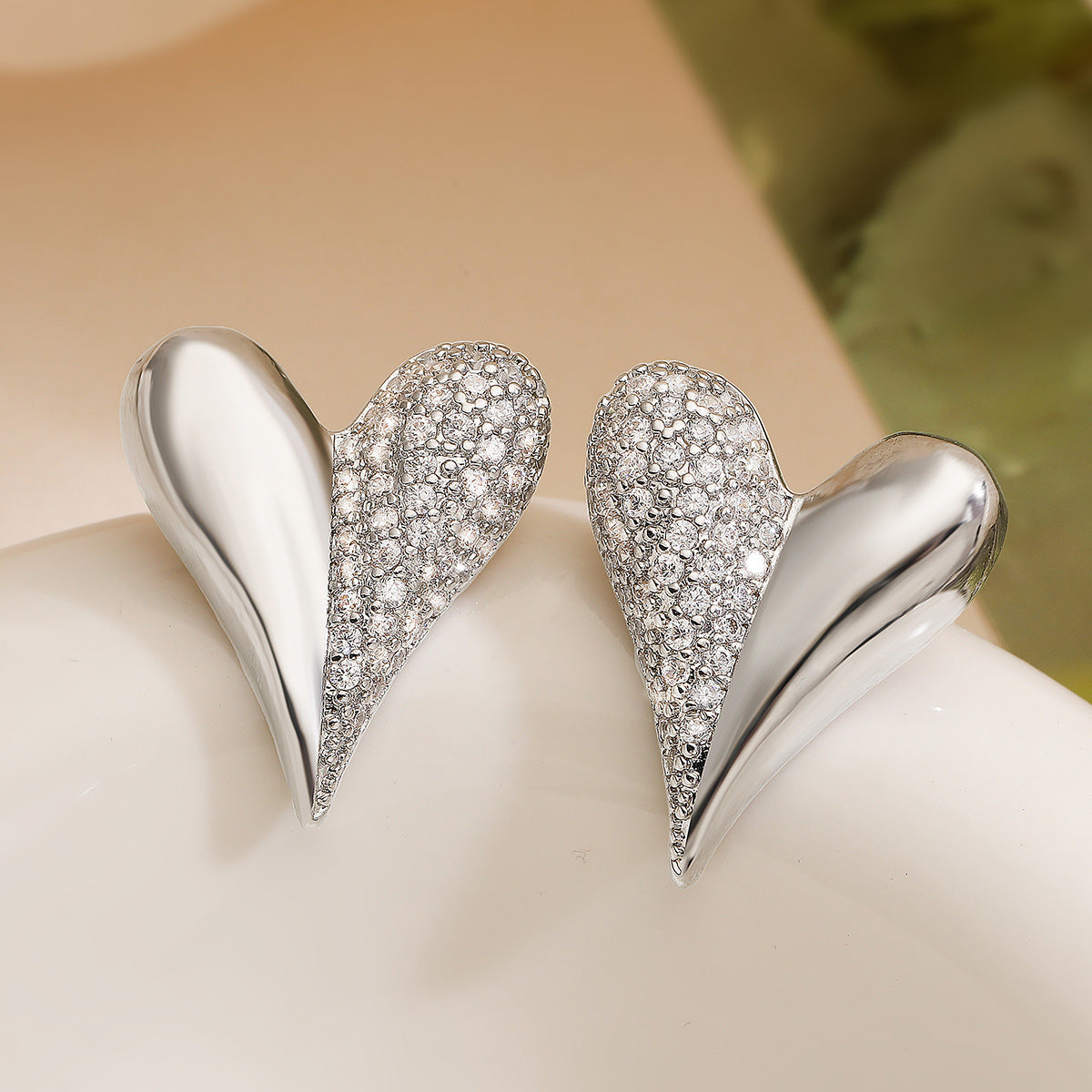 Minimalist Heart-Shaped Cubic Zirconia Stud Earrings for Women in Copper with Micro-Pave Setting