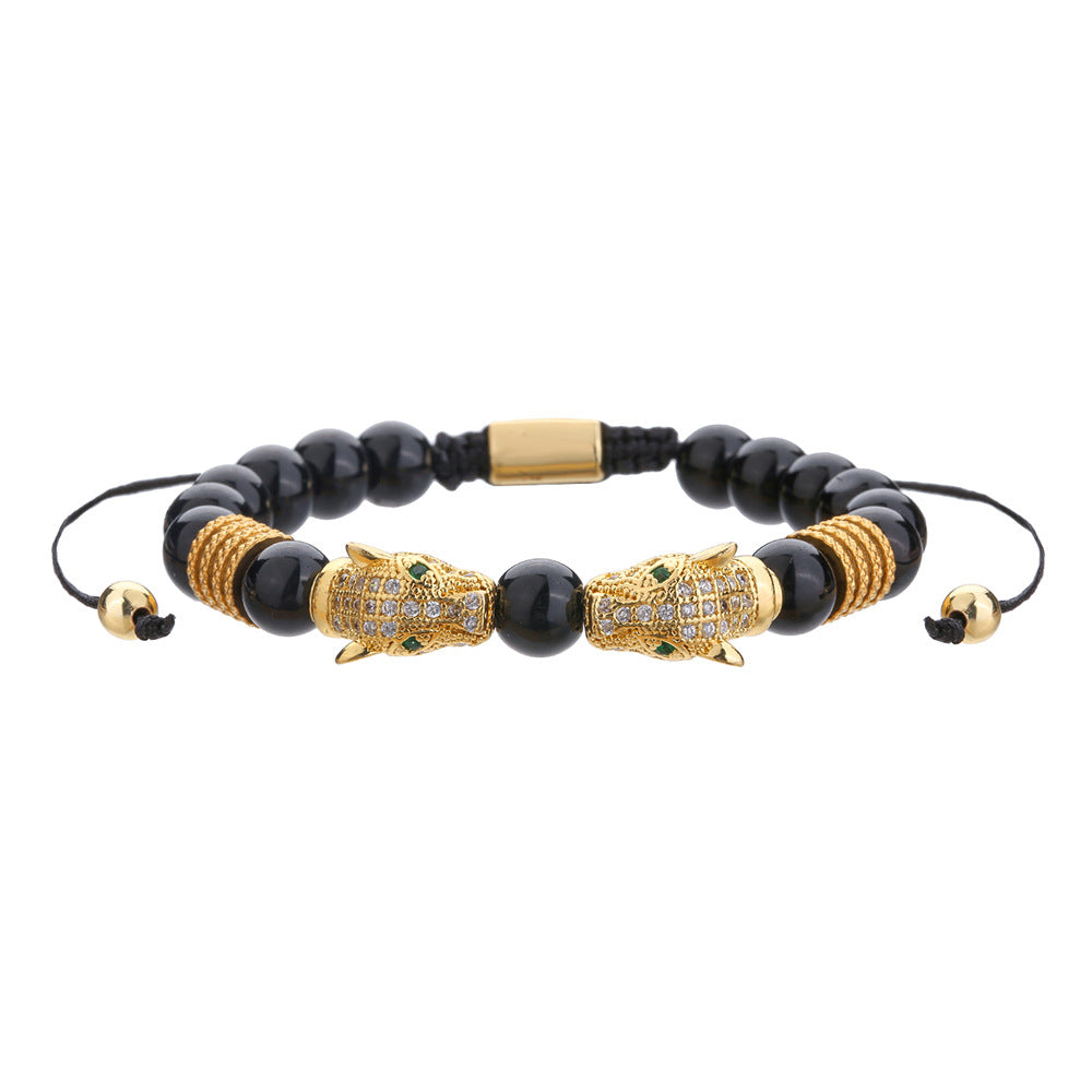 Hip-hop Micro-inlaid Cubic Zirconia Leopard Head Adjustable Stainless Steel Bracelet with Black Agate