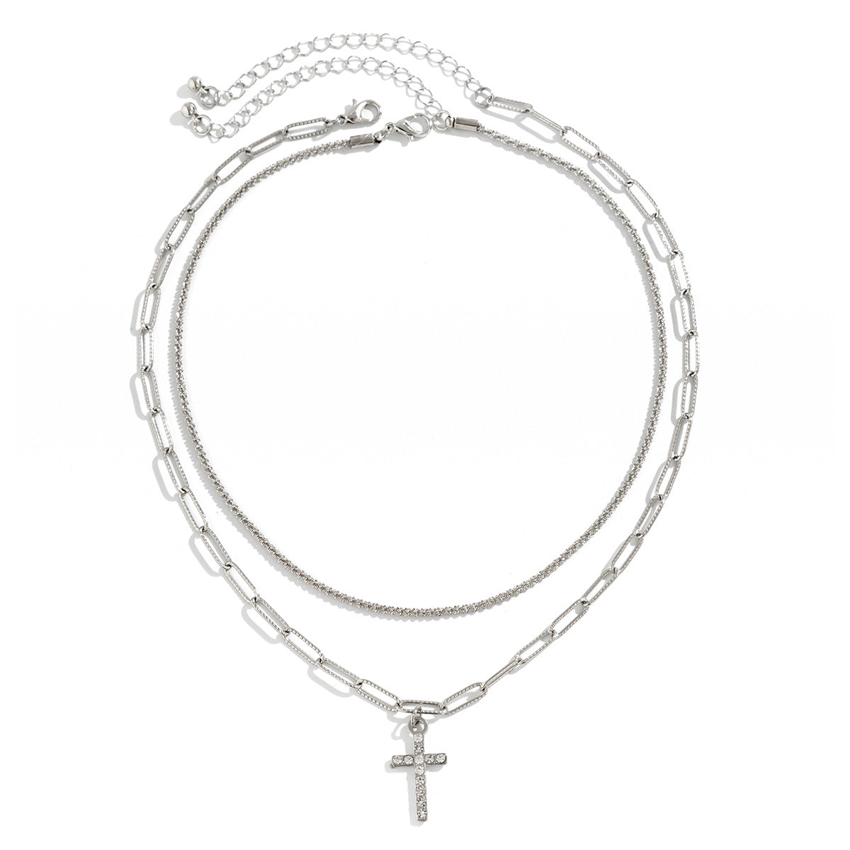 Collar Minimalista de Cruz Geométrica para Mujer con Incrustaciones de Pedrería y Cadena Doble