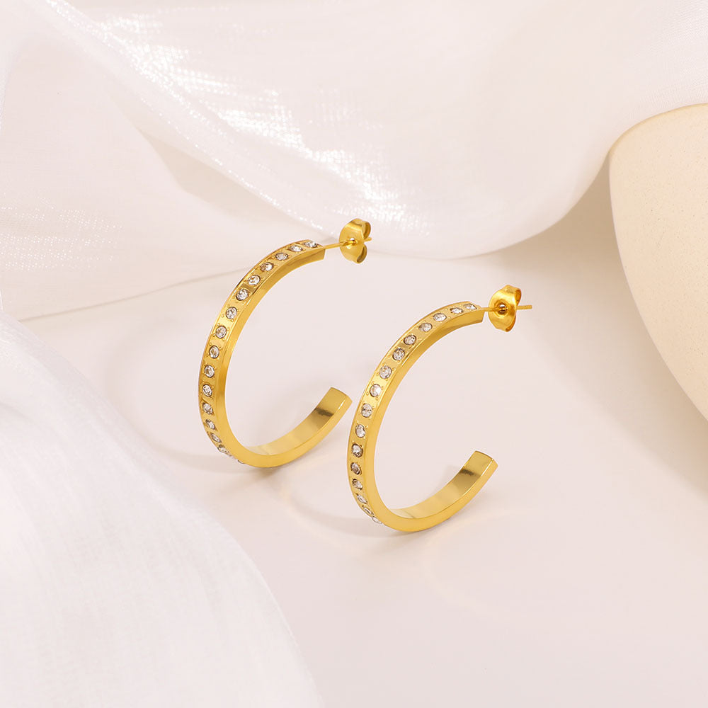 Minimalist C-Shaped Rhinestone-Embellished Stainless Steel Earrings for Women with Vacuum Plated 18K Gold Finish