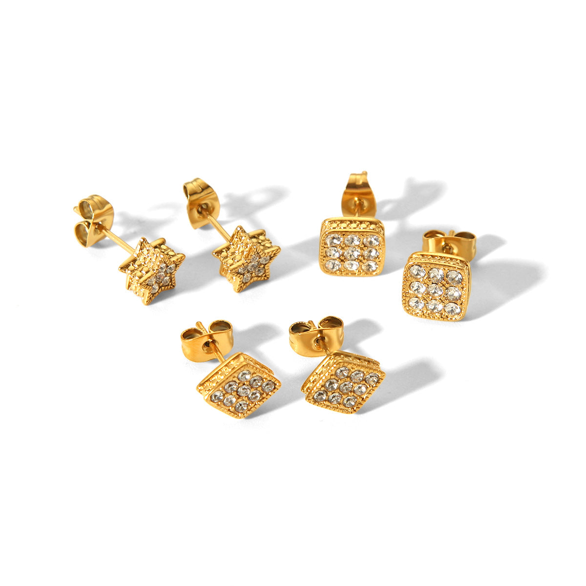 Geometric Star-Shaped Stainless Steel Earrings with Rhinestone Inlay for Women, Plated in 18K Gold Tone, Minimalist and Trendy Fashion Ear Studs