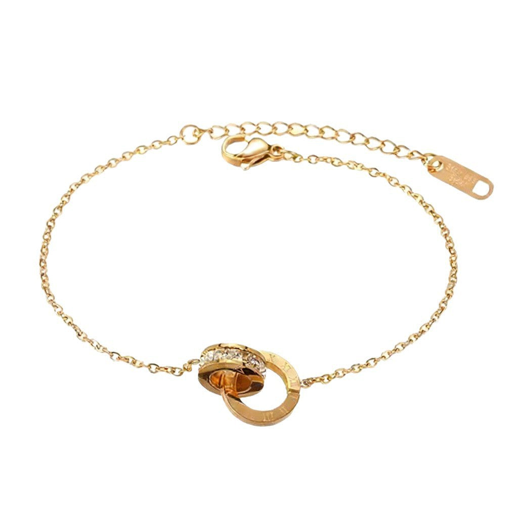Minimalist Elegant 18K Gold Plated Geometric Round Double Ring Roman Numeral Stainless Steel Bracelet for Women