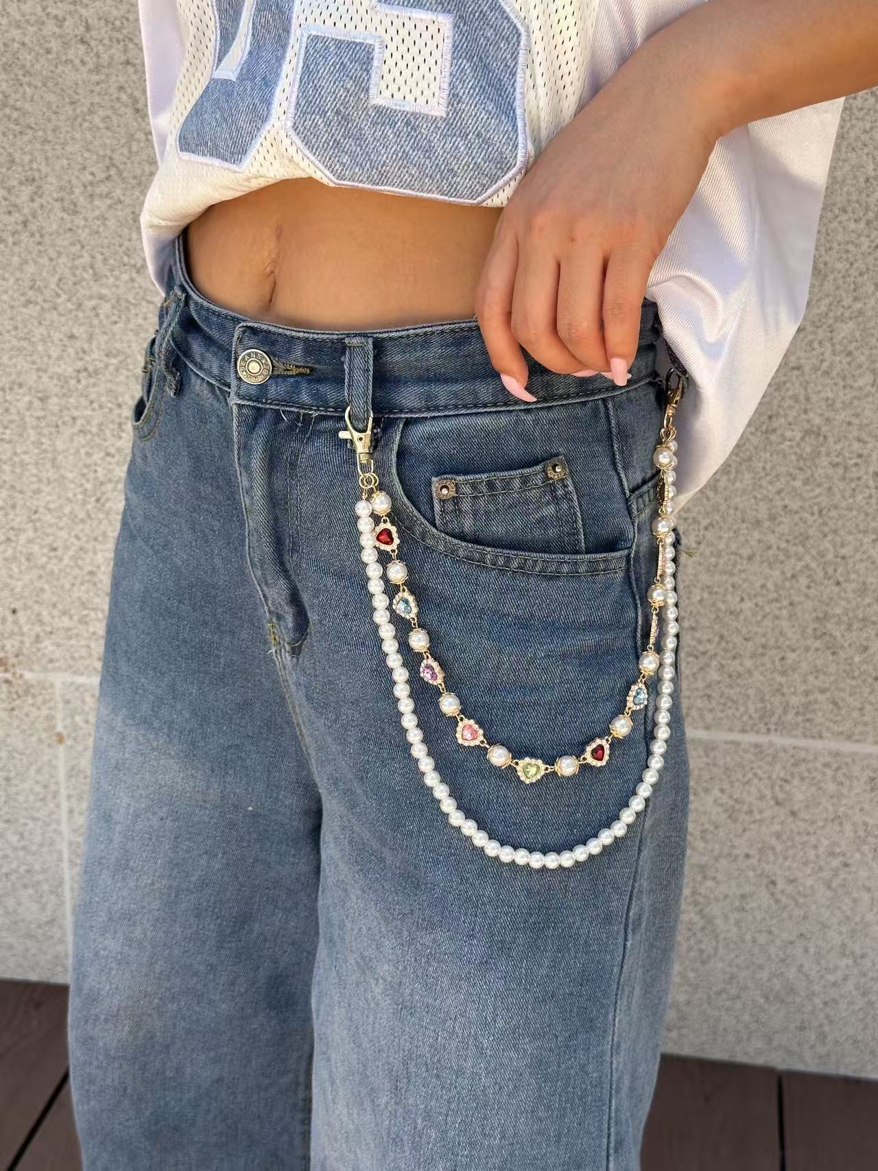 Catenina da vita in metallo stile hip-hop con perle e design floreale unisex