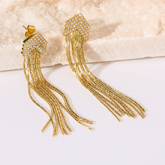 Ins Style Tassel Pendant Earrings with Full Rhinestone Inlay on Stainless Steel Base and 18K Gold Plated Finish