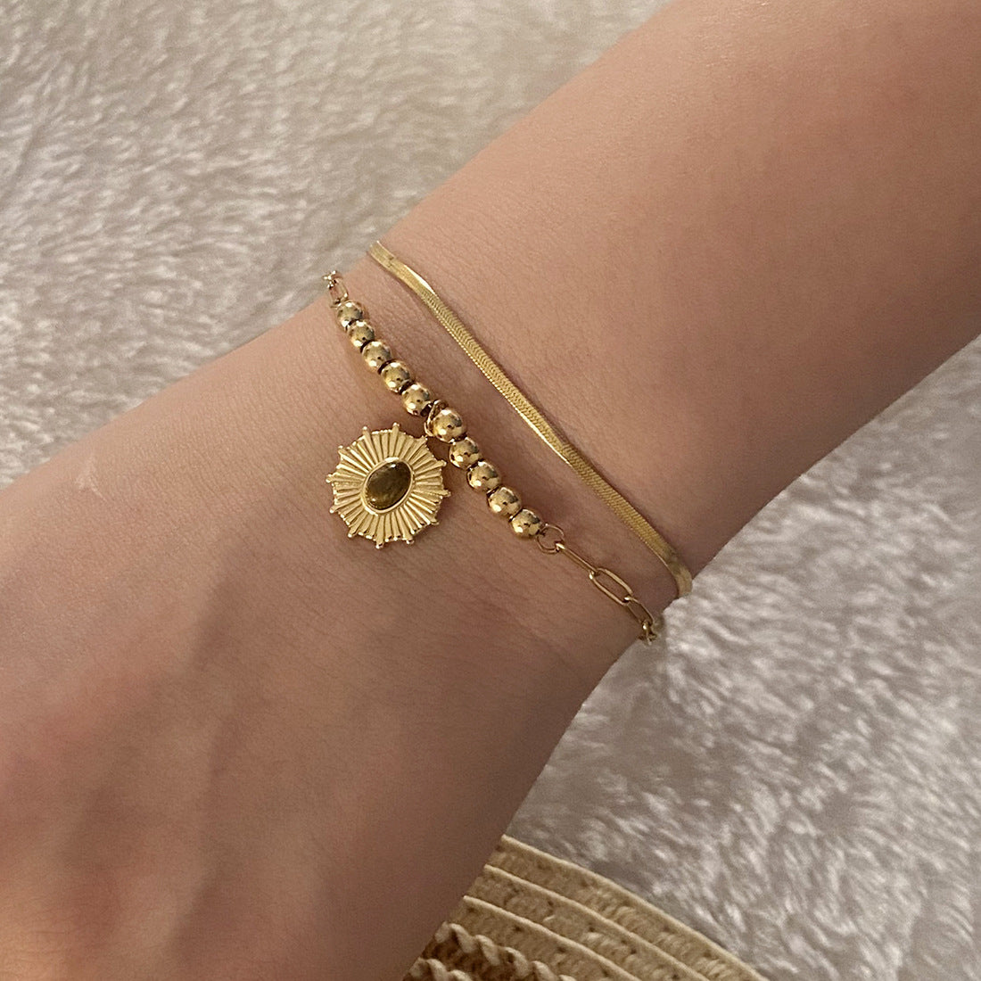 Retro Chic Geometric Stainless Steel Plated Bracelet with Round and Square Polka Dot Accents for Women