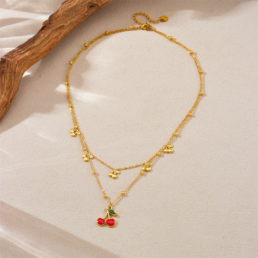 Cherry-Shaped Pendant Necklace in Stainless Steel with Plated Finish, O-Chain Design for Women