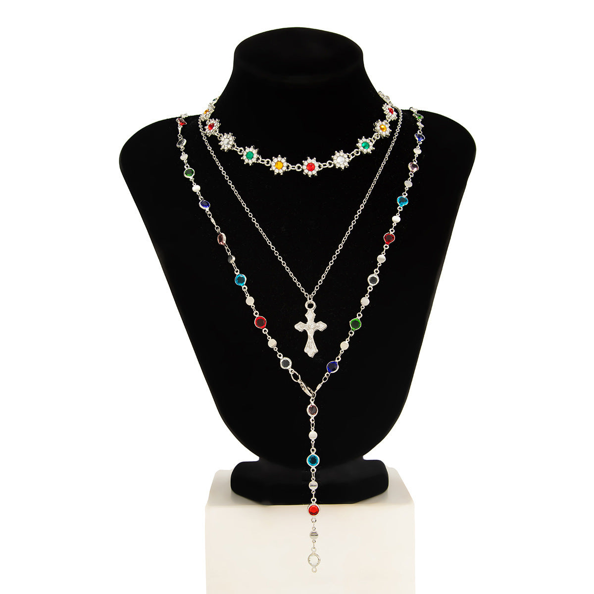 Collar casual chapado en aleación con diseño floral geométrico de corazón y cruz, con incrustaciones de cristal y estrás para mujer