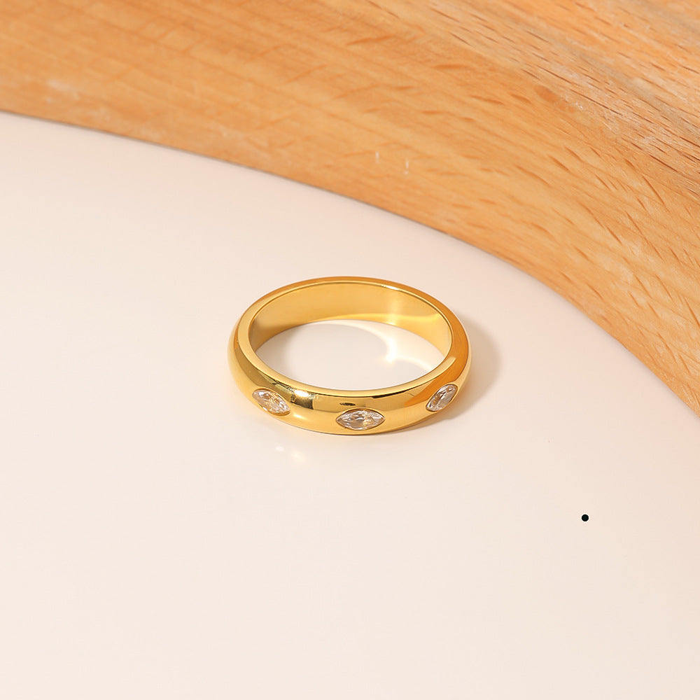 Ins Style Geometric Round White Zircon Ring 18K Gold Plated Stainless Steel Jewelry for Women