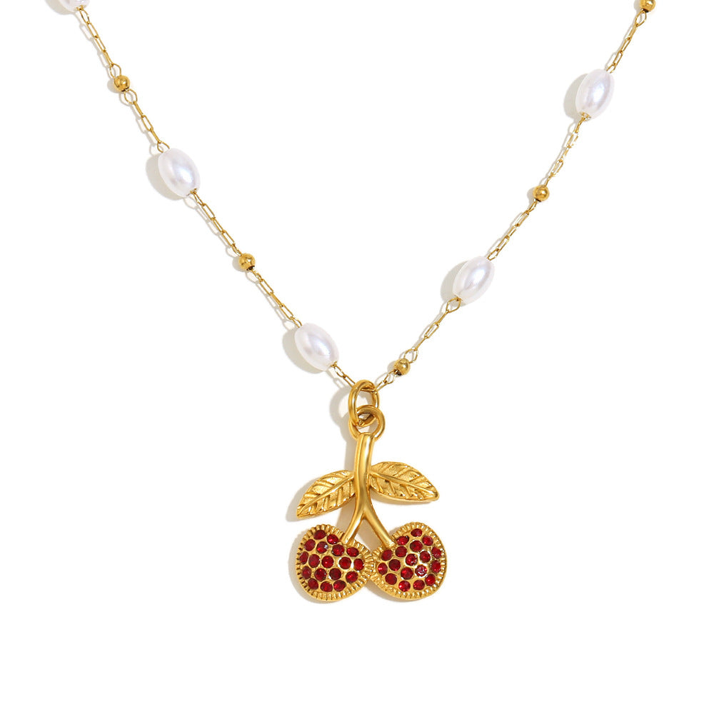 Elegant Cherry-Shaped Stainless Steel Pendant Necklace with 18K Gold Plating and Simulated Pearl Accents for Women
