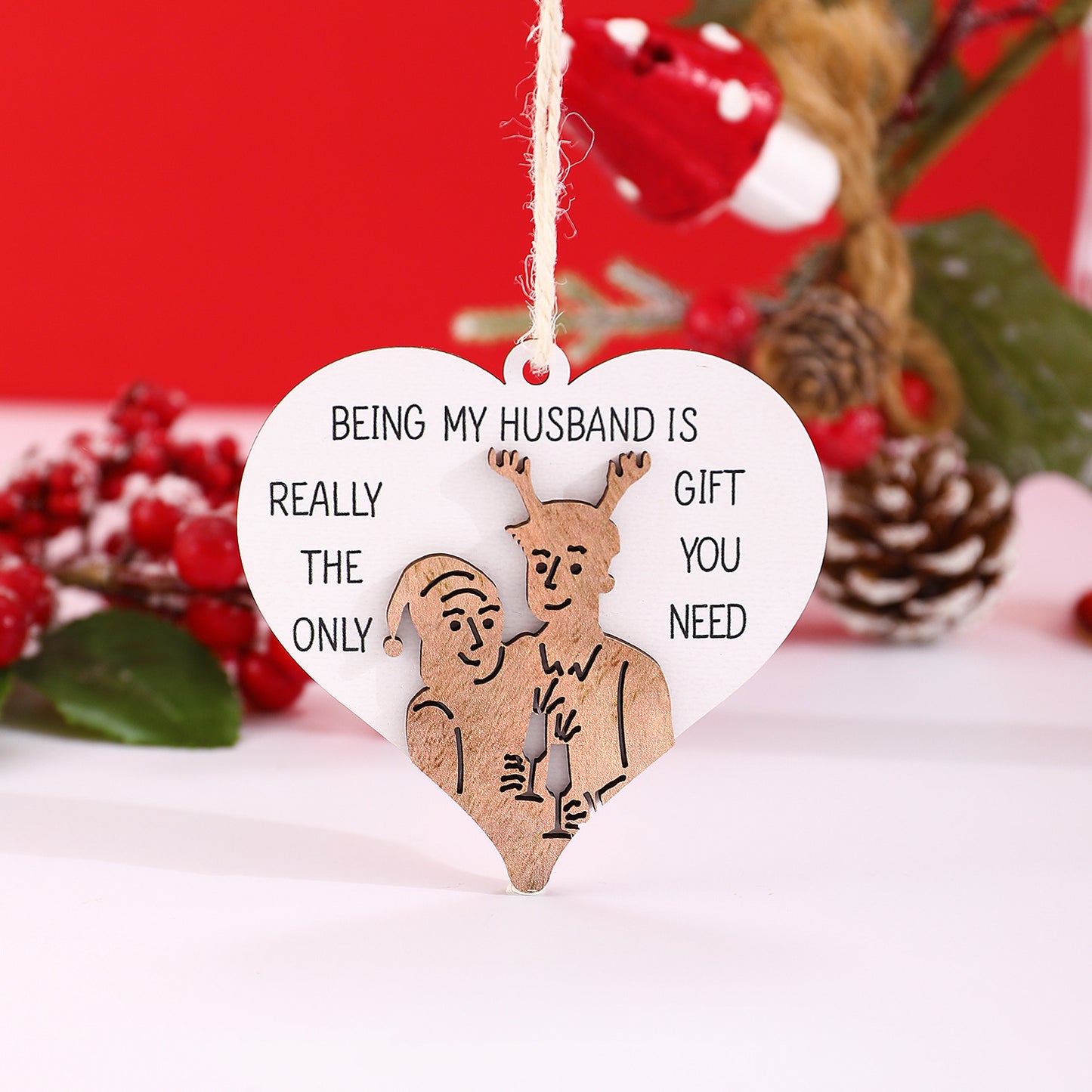 Ciondolo creativo in legno a forma di cuore con testo stampato per feste di Natale, coppie e amici