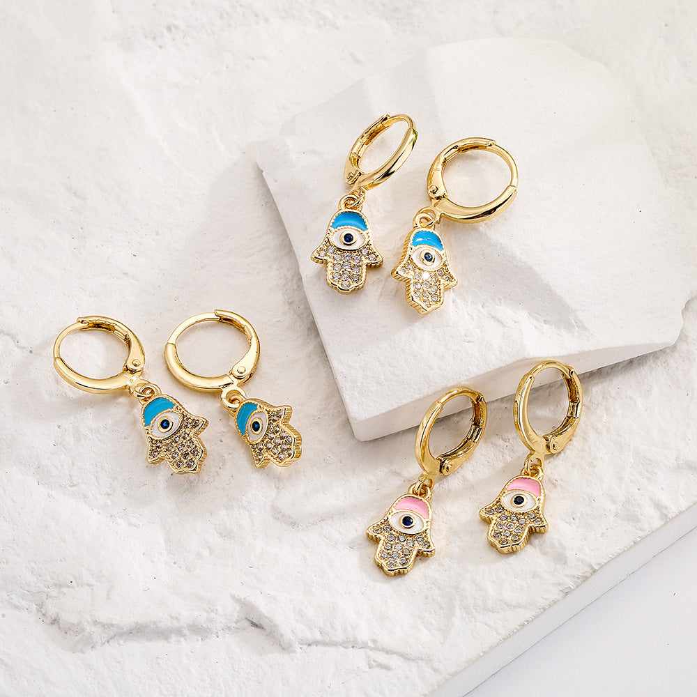 Vintage-Style Geometric Copper Earrings with 18K Gold Plating and Enamel Finish Featuring Hand and Eye Motifs for Women