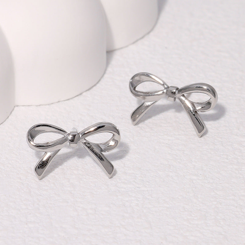 Minimalist Bow-Shaped Stainless Steel Stud Earrings for Women with Plated Finish
