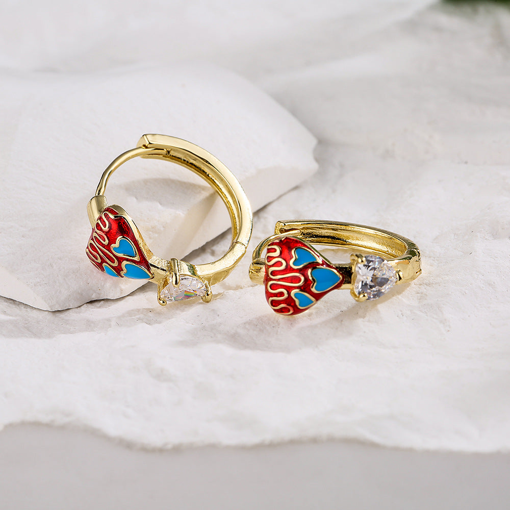 Sweet and Cute Style Geometric Heart-Shaped Enamel and Rhinestone Earrings in Copper with 18K Gold Plating for Women
