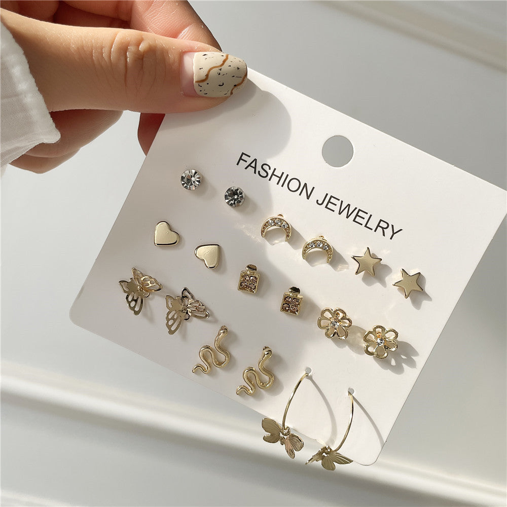 Minimalist Elegant Geometric Star Moon Heart Butterfly Rhinestone Inlay Alloy Handmade Earrings for Women
