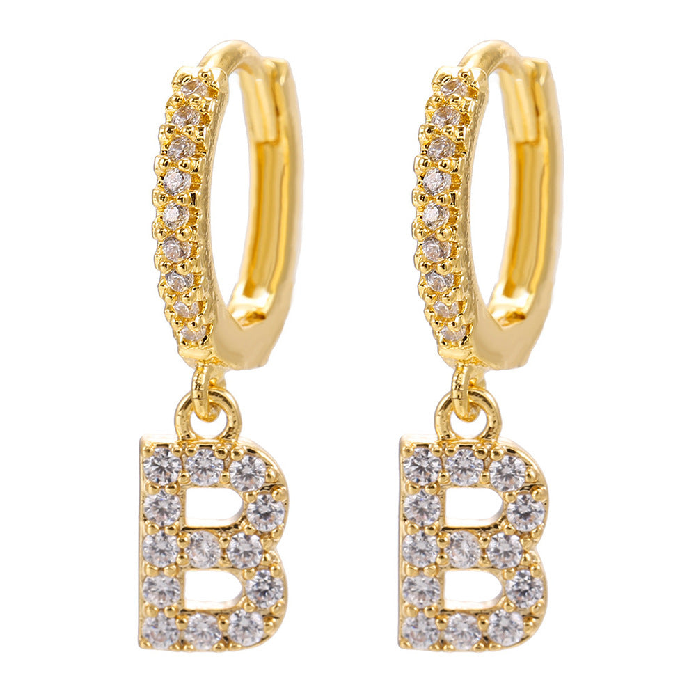 Elegant Gold Plated Letter Cubic Zirconia Inlay Brass Earrings