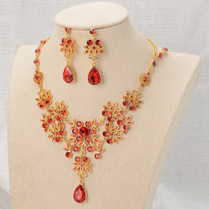 Luxury Elegant Floral Rhinestone Alloy Plated Necklace and Earring Set for Women Wedding Bridal Jewelry
