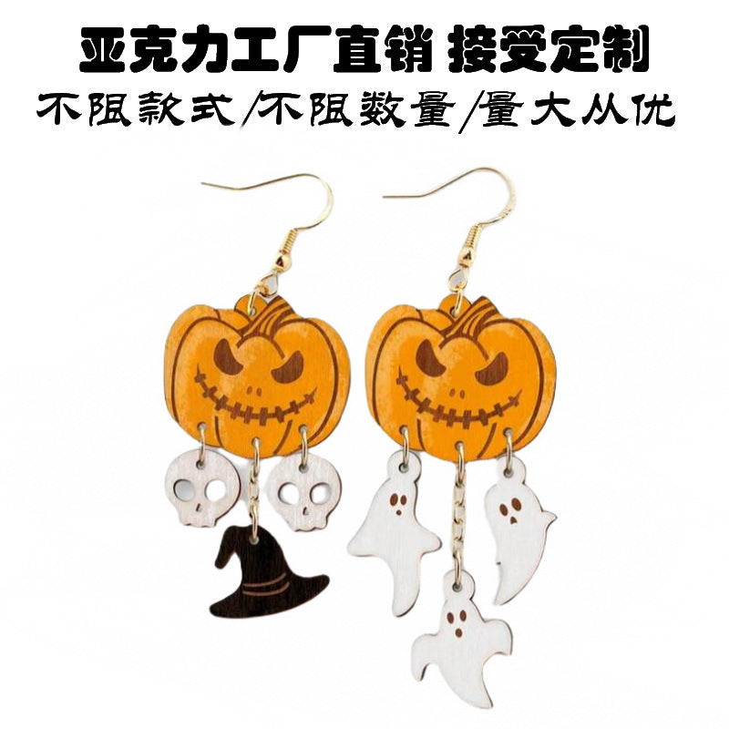 Orecchini pendenti da donna con zucca in legno di Halloween, fantasma, cappello da strega, teschio e lapide