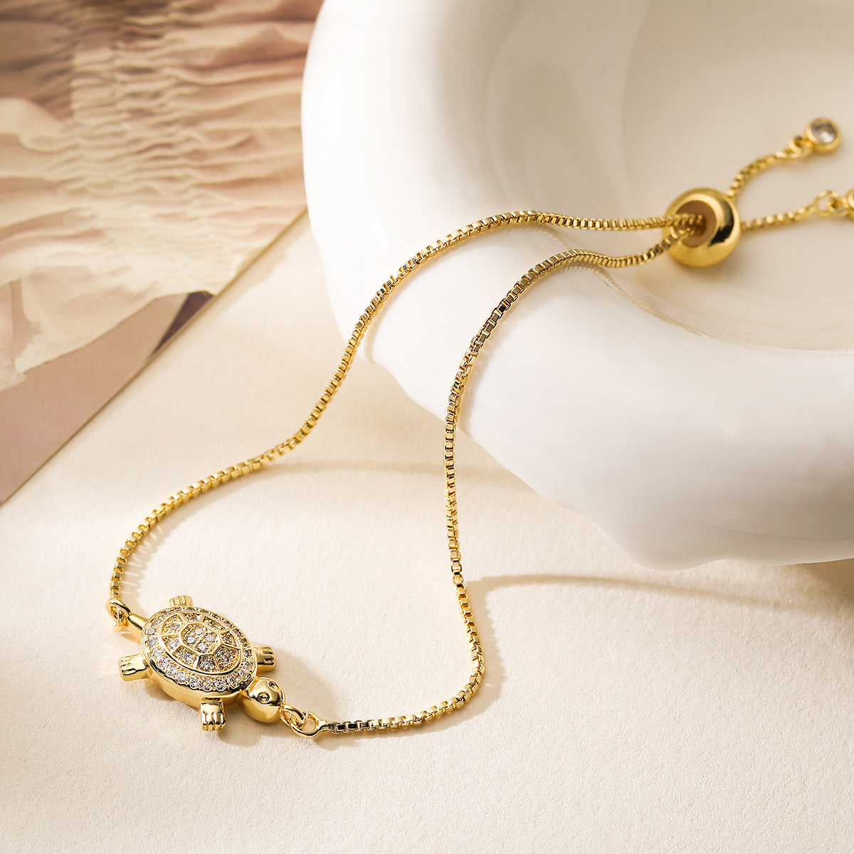 Minimalist 18K Gold Plated Brass Cubic Zirconia Animal Turtle Bracelet for Women